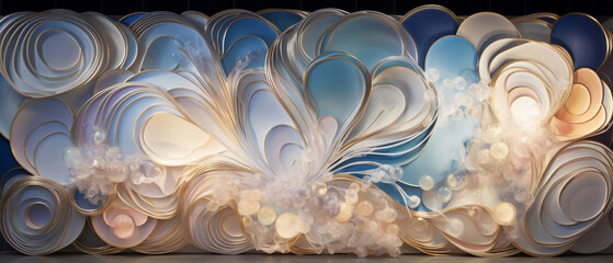 Abstrakcyjna dekoracja tła - ściana z niebieskich i beżowych kształtów i balonów.