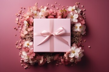 Gift box with flowers isolated on a pink background. Minimalistic greeting card for birthday, wedding, Mother's or Valentine Day. Holiday banner. Flat lay, top view with copy space