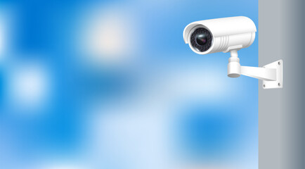 Close up of CCTV camera over defocused background. Security monitoring system for smart home, company. Vector