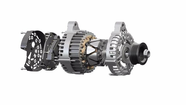 Structire and scheme of car alternator, generator isolated on white. 3d video animation