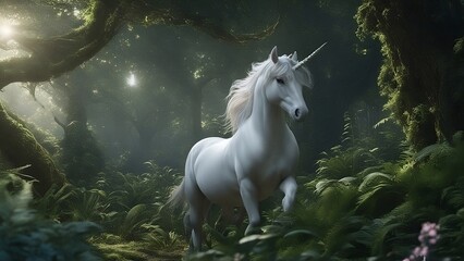 Obraz na płótnie Canvas white horse, unicorn galloping through the jungle forest