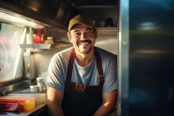 Portrait of a salesman in a food truck kitchen