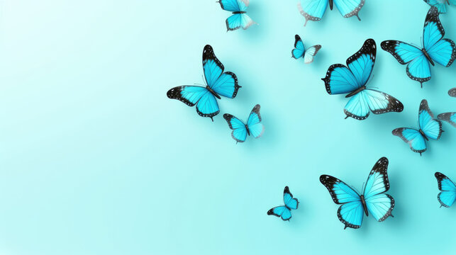 Blue Morpho butterflies on a light blue background