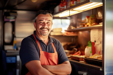 Close-up portrait of a caucasian seller of a food truck, smiling