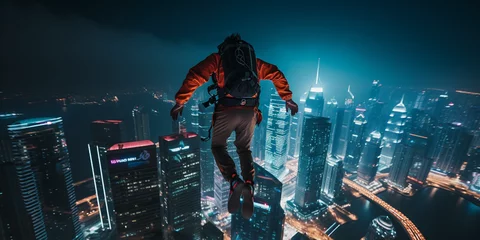 Papier Peint photo Skyline Base Jumping from Skyscraper: Ultra - detailed photo of a base jumper seconds after leaping off a neon - lit skyscraper at night, cityscape in the background