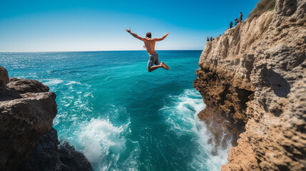 Cliff Jumping: A daring individual captured mid - leap off a towering cliff into turquoise ocean below, high adrenaline, natural sunlight - obrazy, fototapety, plakaty