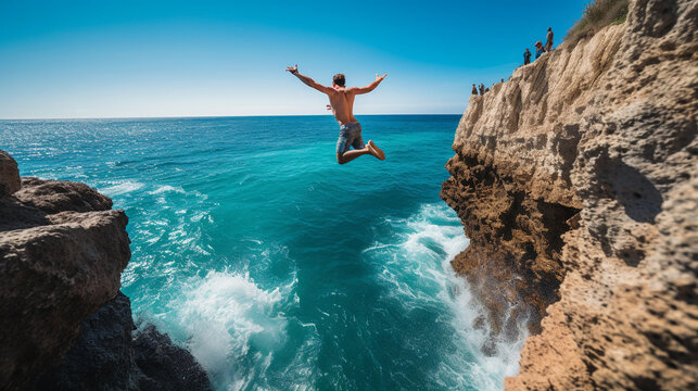 Cliff Jumping: A daring individual captured mid - leap off a towering cliff into turquoise ocean below, high adrenaline, natural sunlight