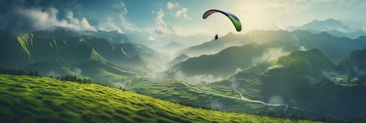 Paraglider soaring over lush green landscape, serenity meets thrill, birds - eye view, soft ambient lighting enhancing textures - Powered by Adobe