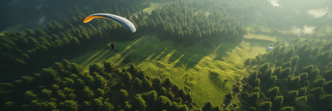 Paraglider soaring over lush green landscape, serenity meets thrill, birds - eye view, soft ambient lighting enhancing textures