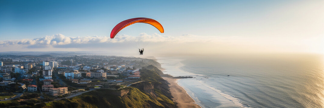 Paragliding Over Coastal Town: Aerial shot of a paraglider soaring over a quaint coastal town, capturing the thrilling height and wide landscape