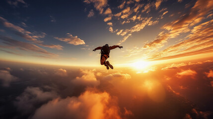 Skydiver in freefall, bright orange sunset sky, adrenaline rush, action - packed
