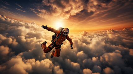 Skydiver in freefall, bright orange sunset sky, adrenaline rush, action - packed - obrazy, fototapety, plakaty