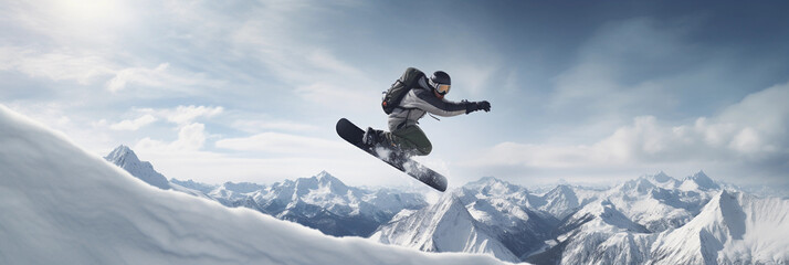 Fototapeta na wymiar Snowboarder Mid - Air: Hyper - realistic photo of a snowboarder executing a complex trick in mid - air, alpine setting, snow - covered mountains in the background