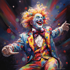 Fototapeta na wymiar A very happy expressive clown with arms outstretched performing under the Big Top of the circus..