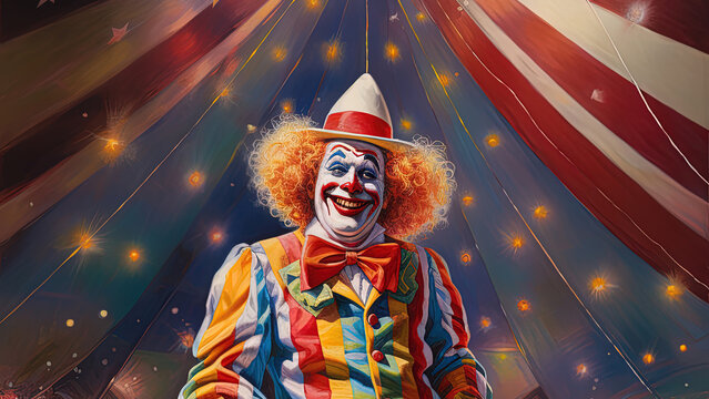 A very happy looking clown with orange hair and a large dickie bow standing under the Big Top of the circus.