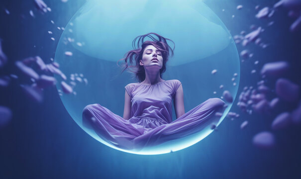 An AI-generated image of a 3d-rendered woman gracefully meditates within the delicate bubble, that shields her from the outer world. Symbolizing her focused and detached state of mind.