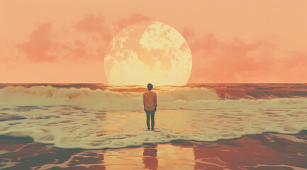 AI-generated metaphor of a man contemplating the sun on the beach. Being under the cloud of his thought and trying to find himself on a shifting sand of experience. Reflection on pursuit of happiness. - obrazy, fototapety, plakaty
