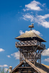 2 storks on the chimney of the nature observation tower