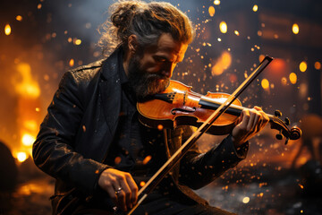 Fototapeta premium A musician passionately plays a violin, immersing in the auditory world and expressing their artistic sensory style. Generative AI.