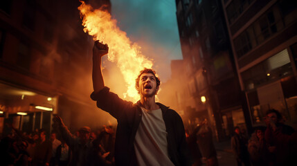 Narrative impactful AI-generated photo of a man in front of the fire in the middle of the riot. The urgency of societal change. Echoes the spirit of protests. Radical riot, fire