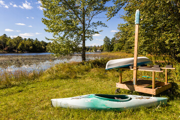 Kayaks at Ulster Heights Lake, Ellenville, New York. 