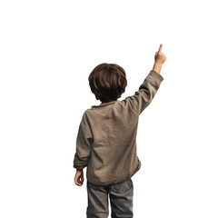 Little boy pointing at wall from behind White isolated background - obrazy, fototapety, plakaty