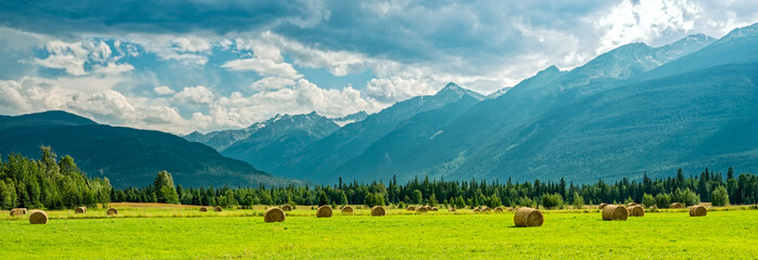 Panorama of mountains behind haystacks in a farm field in British Columbia, Canada © davidrh