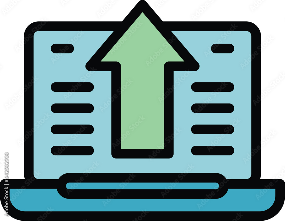 Poster laptop software icon outline vector. computer building. web work color flat