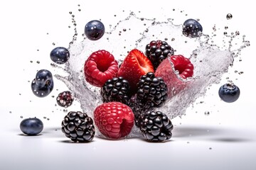 Fresh berries falling into water with splash isolated on white background. Concept of healthy eating.