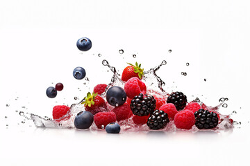 Fresh berries falling into water with splash isolated on white background. Concept of healthy eating.