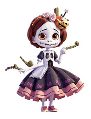 3D illustration of cute skeleton kids with kids dress for halloween party