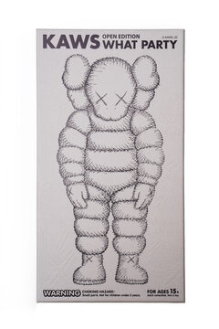 box with figure Kaws What Party - Chum. by artist Brian Donnelly. isolated white background. Milan Italy_August 29 2023