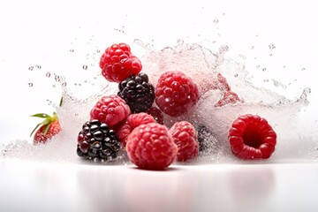 Fresh berries falling into water with splash isolated on white background. Concept of healthy eating.