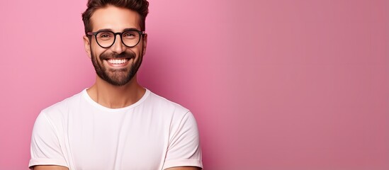 Obraz premium Brunette man with beard poses happily camera in focus on pink background