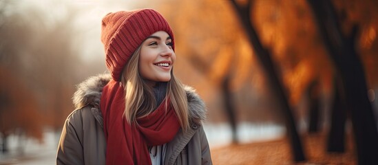 Attractive woman in winter attire bundled up and gazing elsewhere amidst blurry fall scenery on a freezing day