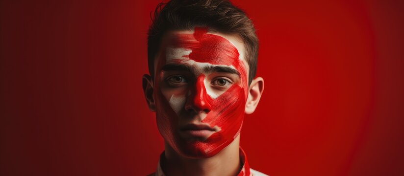 Portrait of a young man with red face paint and room for text