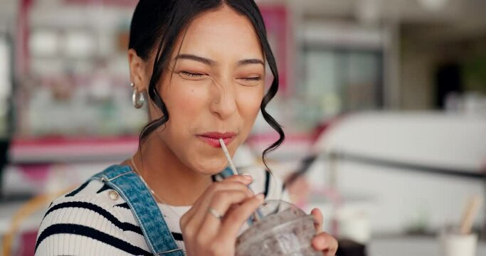 Happy, woman face and smoothie in a restaurant with healthy drink and smile in cafe. Fruit beverage, female person relax or milkshake in a coffee shop or diner with a portrait and drinking juice