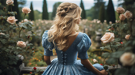 a blonde woman with curly hair hidden face stands with her back to the frame in a blue retro dress in a rose garden, back view, created with Generative AI Technology. - obrazy, fototapety, plakaty