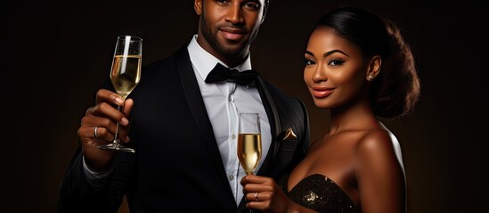 Black background with an attractive African American girl and a handsome African American man with champagne glasses