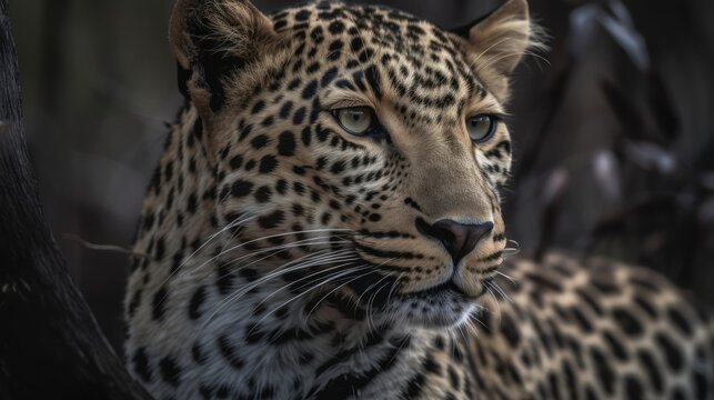 Leopard. Javan leopard close up. African leopard female pose in beautiful evening light. Amazing leopard in the nature habitat. Wildlife scene with dangerous beast. 