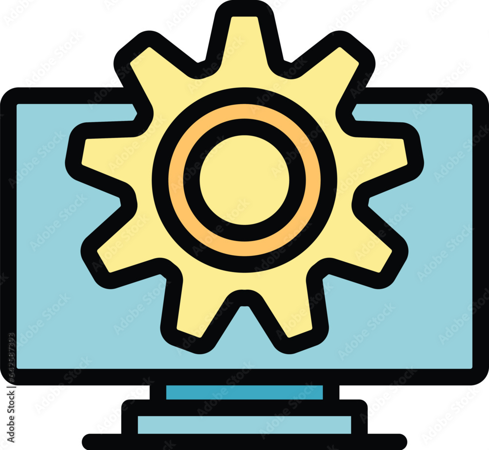 Poster gear team monitor icon outline vector. app code. service system color flat