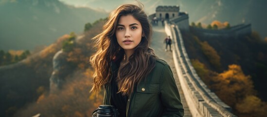 Female photographer atop Great Wall - obrazy, fototapety, plakaty