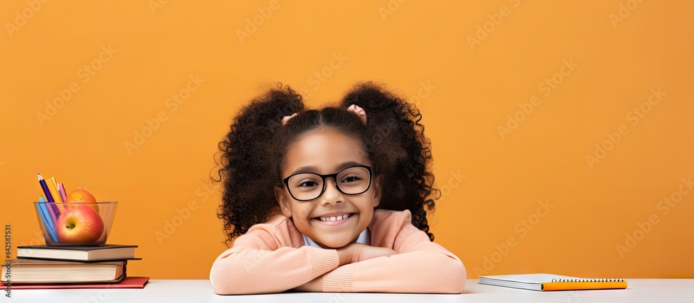 Aufkleber happy biracial schoolgirl sitting and writing at desk in class representing inclusivity and learning