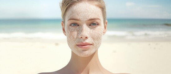 Composite digital image of a Caucasian woman on the beach promoting skin pigmentation awareness and treatment
