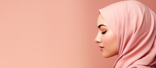 Portrait of a modest girl wearing hijab looking at space with a pink background