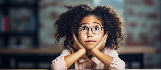 Biracial student at desk in classroom looking puzzled smiling Education diversity and childhood concept