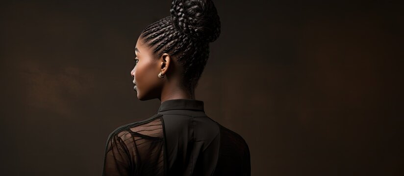 Stylish African American woman with braided hair posing against dark background