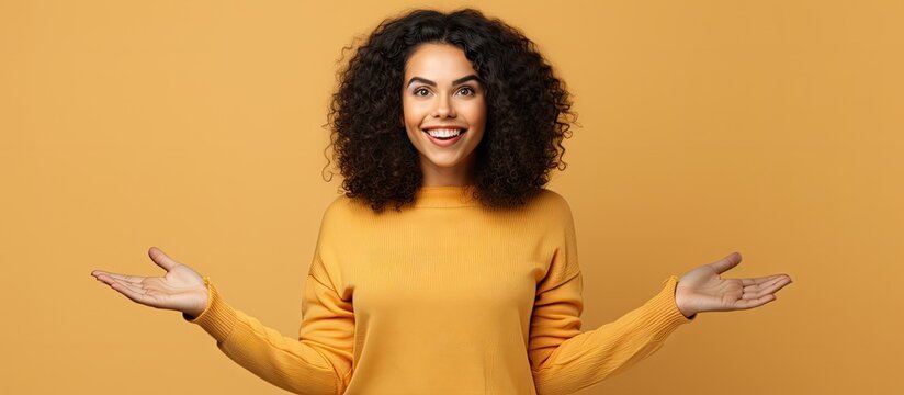 Excited young Hispanic woman advertising pointing with open palms