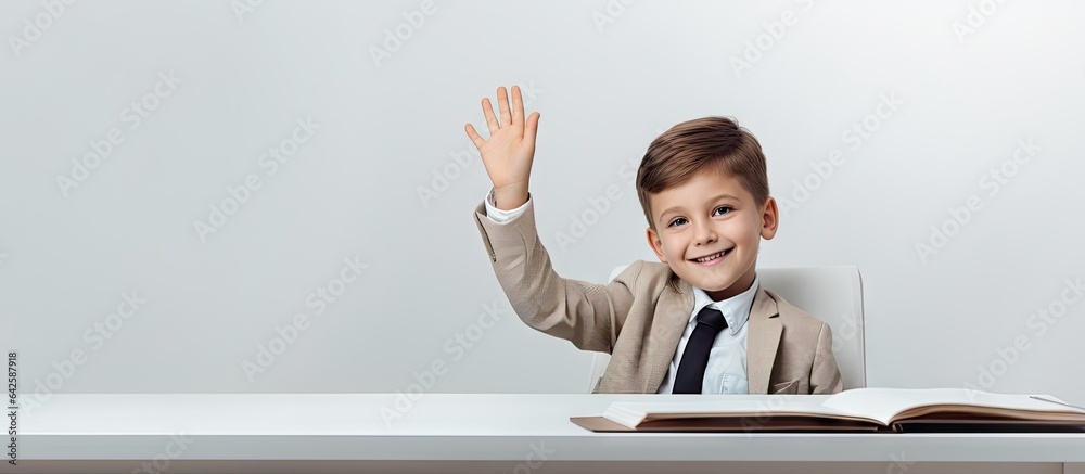 Poster Smiling white schoolboy participating in class with room for text Education and childhood concept