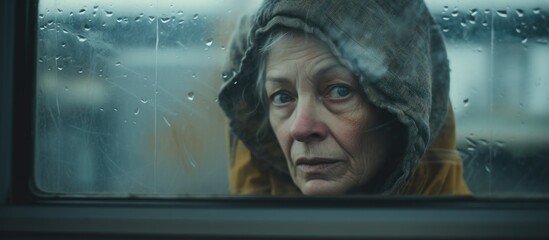 Unhappy elderly lady with head covering standing by grimy window pane
